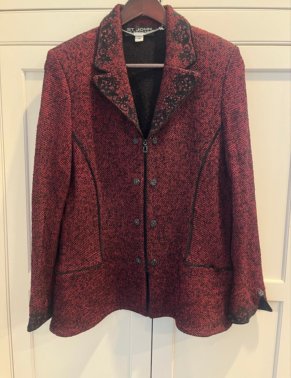 ST JOHN COUTURE Red Black Tweed Knit Jacket Silver Chain Embellished Blazer 12